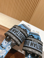 DIOR 26S SLIDE SANDALS IN BLUE FLORAL PRINT LOGO STRAP