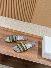 DIOR 26S SLIDE SANDALS IN PURPLE FLORAL MULTICOLOR LOGO STRAP