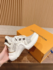 LV ARCHLIGHT SNEAKER IN WHITE MIX PALE GRAY CALFSKIN AND MONOGRAM DENIM
