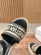 DWAY WEDGE SANDAL IN BLACK EMBROIDERED COTTON RAFFIA SOLE