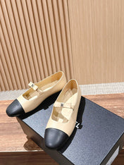 CHANEL 25S BALLET MARY JANES BEIGE AND BLACK IN CALFSKIN
