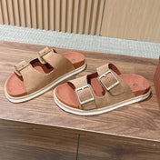 LP 26S DOUBLE BUCKLE SLIDES IN BROWN SUEDE GOLD HARDWARE