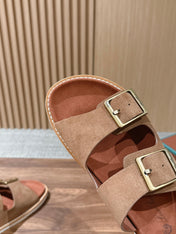 LP 26S DOUBLE BUCKLE SLIDES IN BROWN SUEDE GOLD HARDWARE