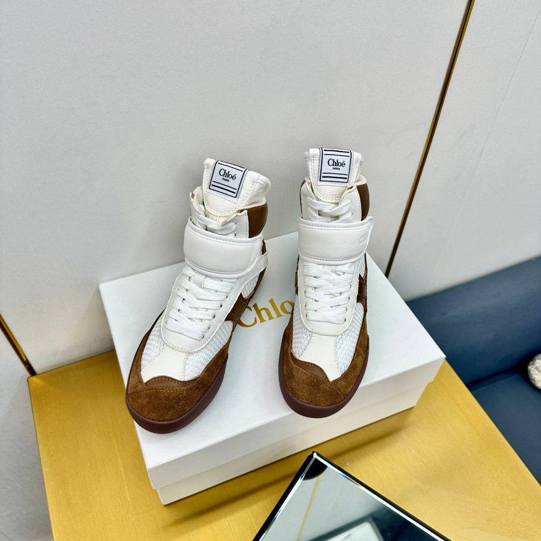 CHLOE 26S HIGH-TOP SKATE SNEAKERS IN CREAM WHITE MESH MIX BROWN SUEDE