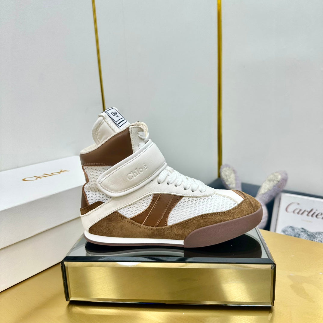 CHLOE 26S HIGH-TOP SKATE SNEAKERS IN CREAM WHITE MESH MIX BROWN SUEDE
