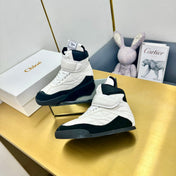 CHLOE 26S HIGH-TOP SKATE SNEAKERS IN WHITE CALFSKIN AND BLACK SUEDE
