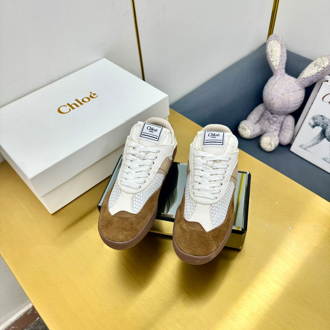 CHLOE 26S SKATE SNEAKERS IN WHITE MESH AND BROWN SUEDE