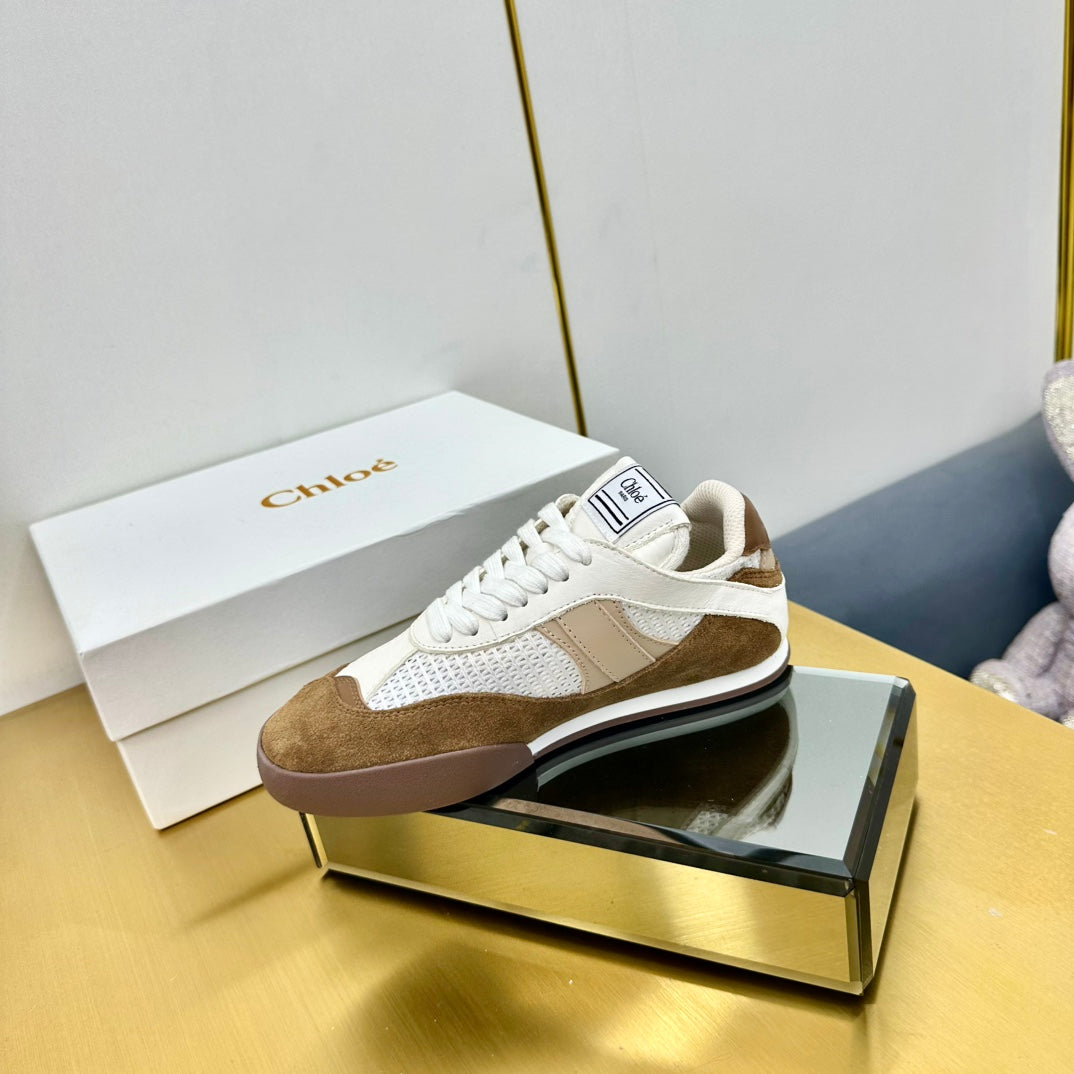 CHLOE 26S SKATE SNEAKERS IN WHITE MESH AND BROWN SUEDE