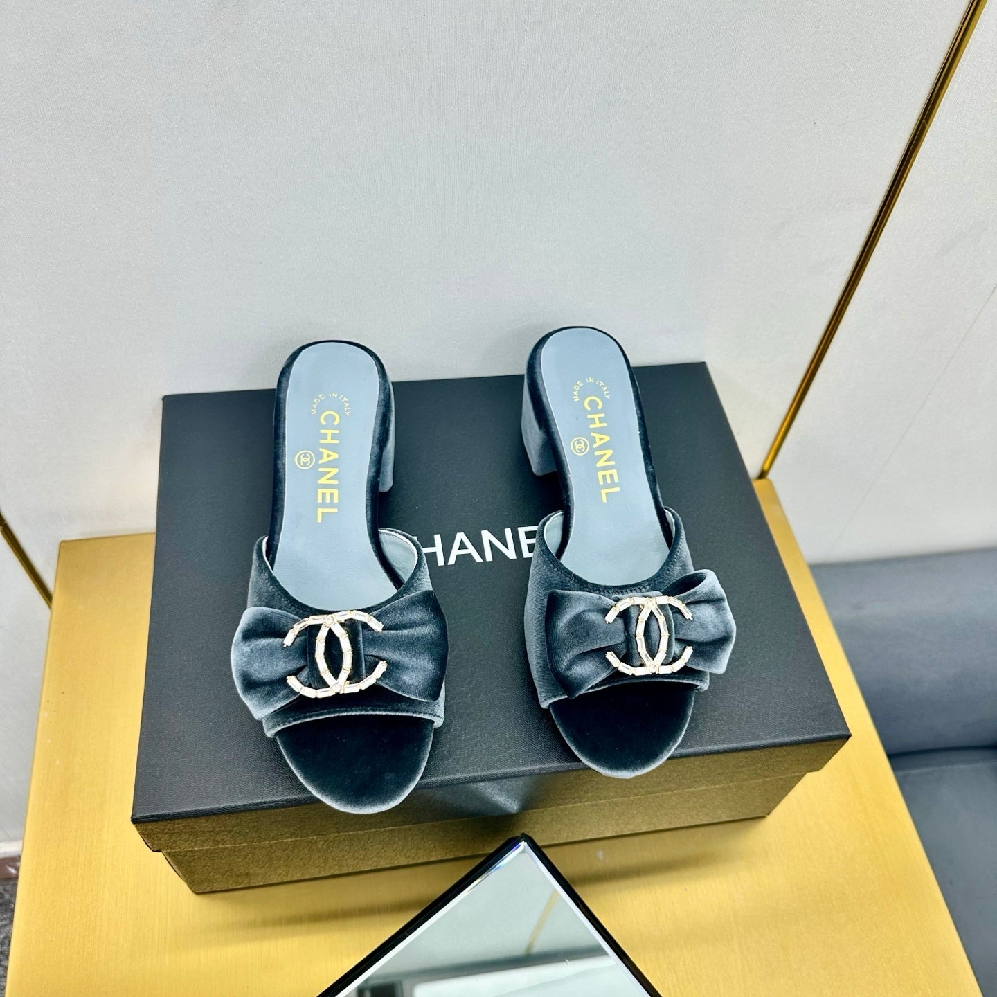 BOWKNOT RHINESTONES MID HEEL MULE IN STONE BLUE VELVET