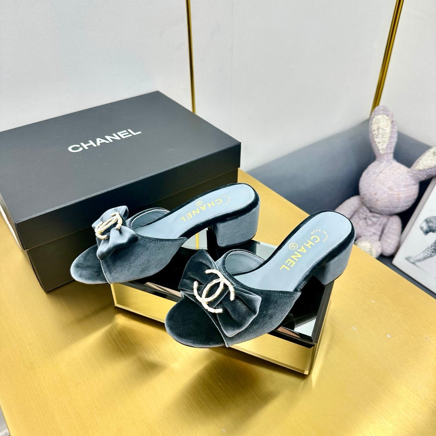 BOWKNOT RHINESTONES MID HEEL MULE IN STONE BLUE VELVET