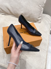 LV 26S POINTED TOE HIGH HEELS 95 MM IN BLACK BLUE CALFSKIN