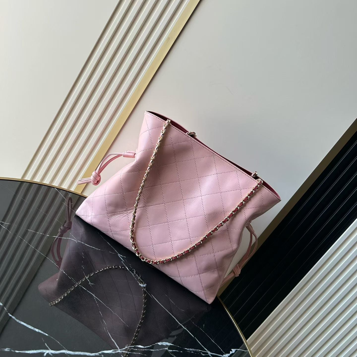 CHANEL 26S DRAWSTRING SHOPPING TOTE BAG 30 IN LIGHT PINK QUILTED LAMBSKIN