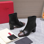 VALENTINO 25S VALET DU ROI ANKLE BOOTS 60 MM IN BLACK MIX DARK BROWN CALFSKIN WITH BOW