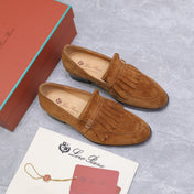 LP 26S SERGIO TASSEL LOAFERS IN CARAMEL BROWN SUEDE GOLD HARDWARE