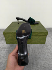 GUCCI 26S MULE SANDALS 55MM IN DARK GREEN VELVET GG EMBOSSED