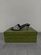 GUCCI 26S MULE SANDALS 55MM IN SILVER SATIN CRYSTAL GG