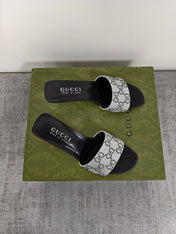 GUCCI 26S MULE SANDALS 55MM IN SILVER SATIN CRYSTAL GG