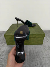 GUCCI 26S MULE SANDALS 85MM IN DARK GREEN VELVET GG EMBOSSED