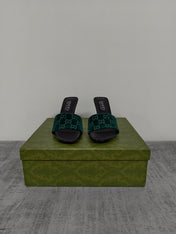 GUCCI 26S MULE SANDALS 85MM IN DARK GREEN VELVET GG EMBOSSED