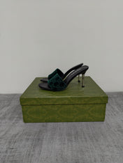 GUCCI 26S MULE SANDALS 85MM IN DARK GREEN VELVET GG EMBOSSED