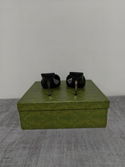 GUCCI 26S MULE SANDALS 85MM IN DARK GREEN VELVET GG EMBOSSED