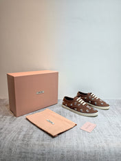 MIUMIU 26S LOW TOP SNEAKERS IN DARK BROWN CANVAS CRYSTAL-EMBELLISHED