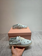 MIUMIU 26S LOW TOP SNEAKERS IN LIGHT BLUE CANVAS CRYSTAL-EMBELLISHED