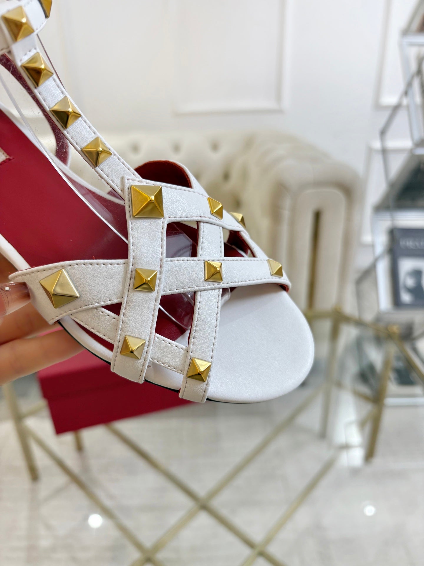 VALENTINO 26S SANDALS IN WHITE CALFSKIN WITH STUD-EMBELLISHED