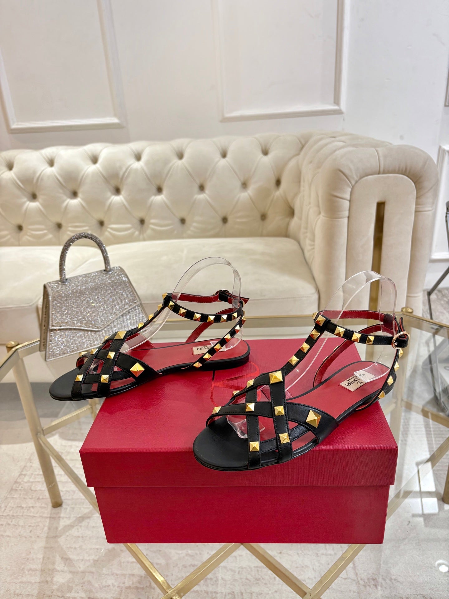 VALENTINO 26S SANDALS IN BLACK CALFSKIN WITH STUD-EMBELLISHED