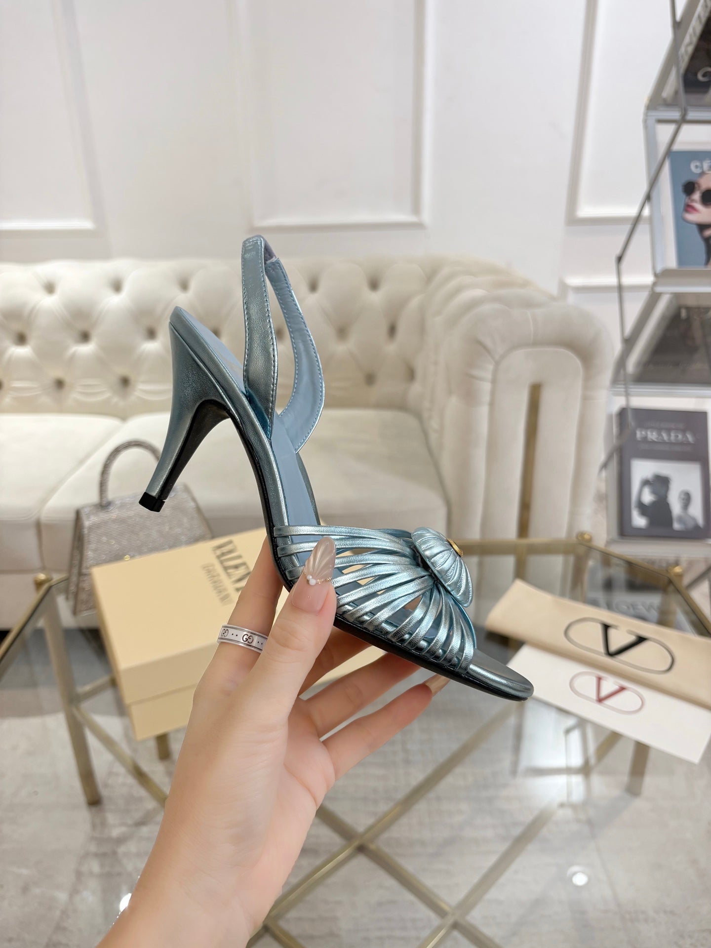 VALENTINO 26S HEEL SANDALS 80 MM IN METALLIC LIGHT BLUE CALFSKIN