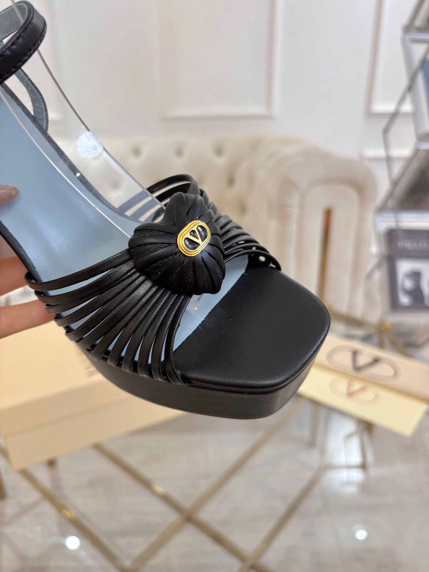 VALENTINO 26S PLATFORM SANDALS 110 MM IN BLACK AND BLUE CALFSKIN