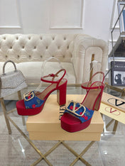 VALENTINO 26S PLATFORM SANDALS 110 MM IN RED CALFSKIN AND BLUE DENIM