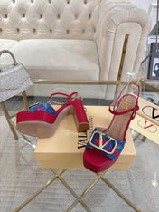 VALENTINO 26S PLATFORM SANDALS 110 MM IN RED CALFSKIN AND BLUE DENIM