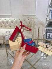 VALENTINO 26S PLATFORM SANDALS 110 MM IN RED CALFSKIN AND BLUE DENIM