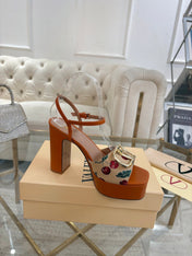 VALENTINO 26S PLATFORM SANDALS 110 MM IN COGNAC BROWN CALFSKIN AND BEIGE CANVAS
