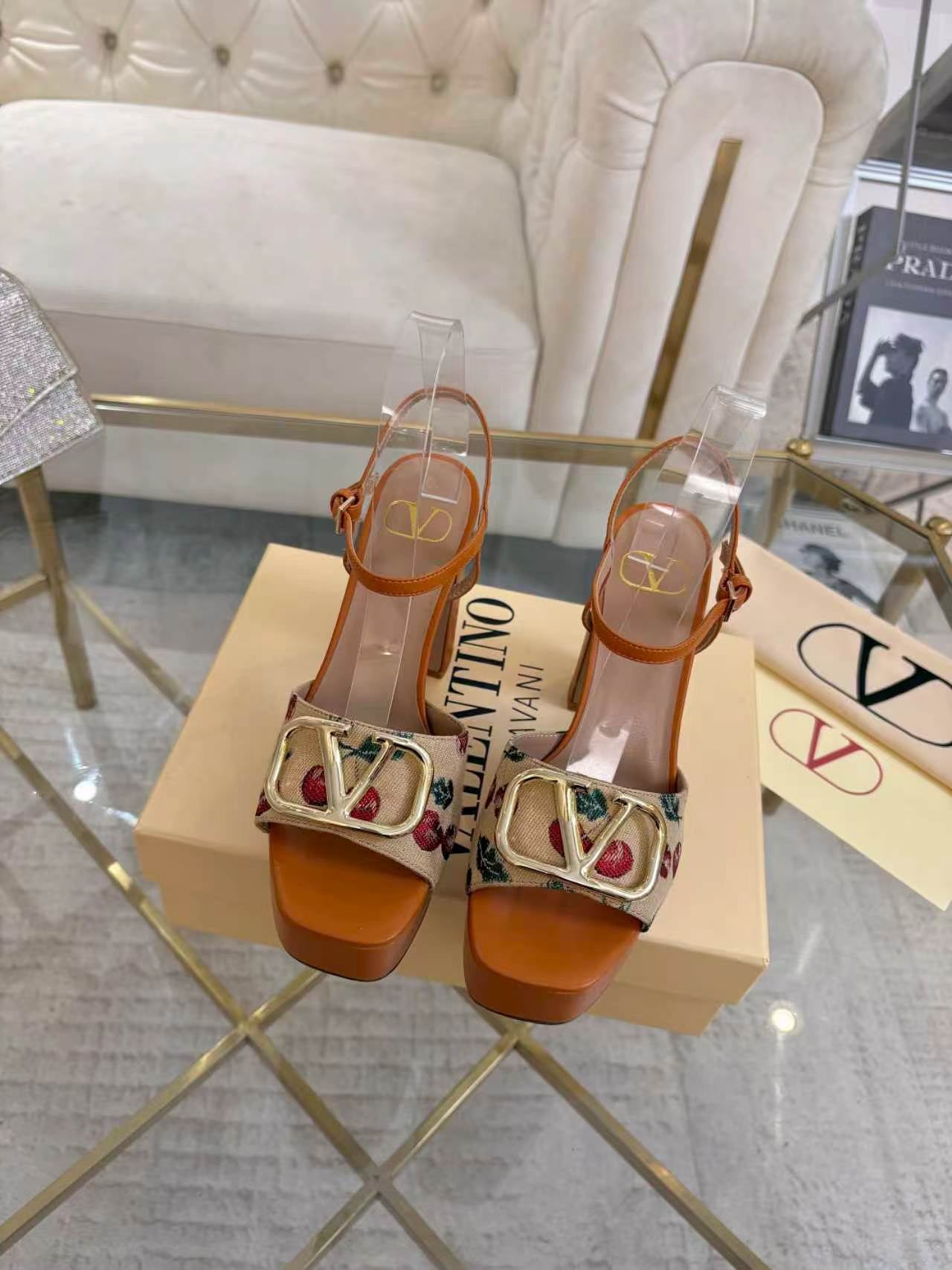 VALENTINO 26S PLATFORM SANDALS 110 MM IN COGNAC BROWN CALFSKIN AND BEIGE CANVAS