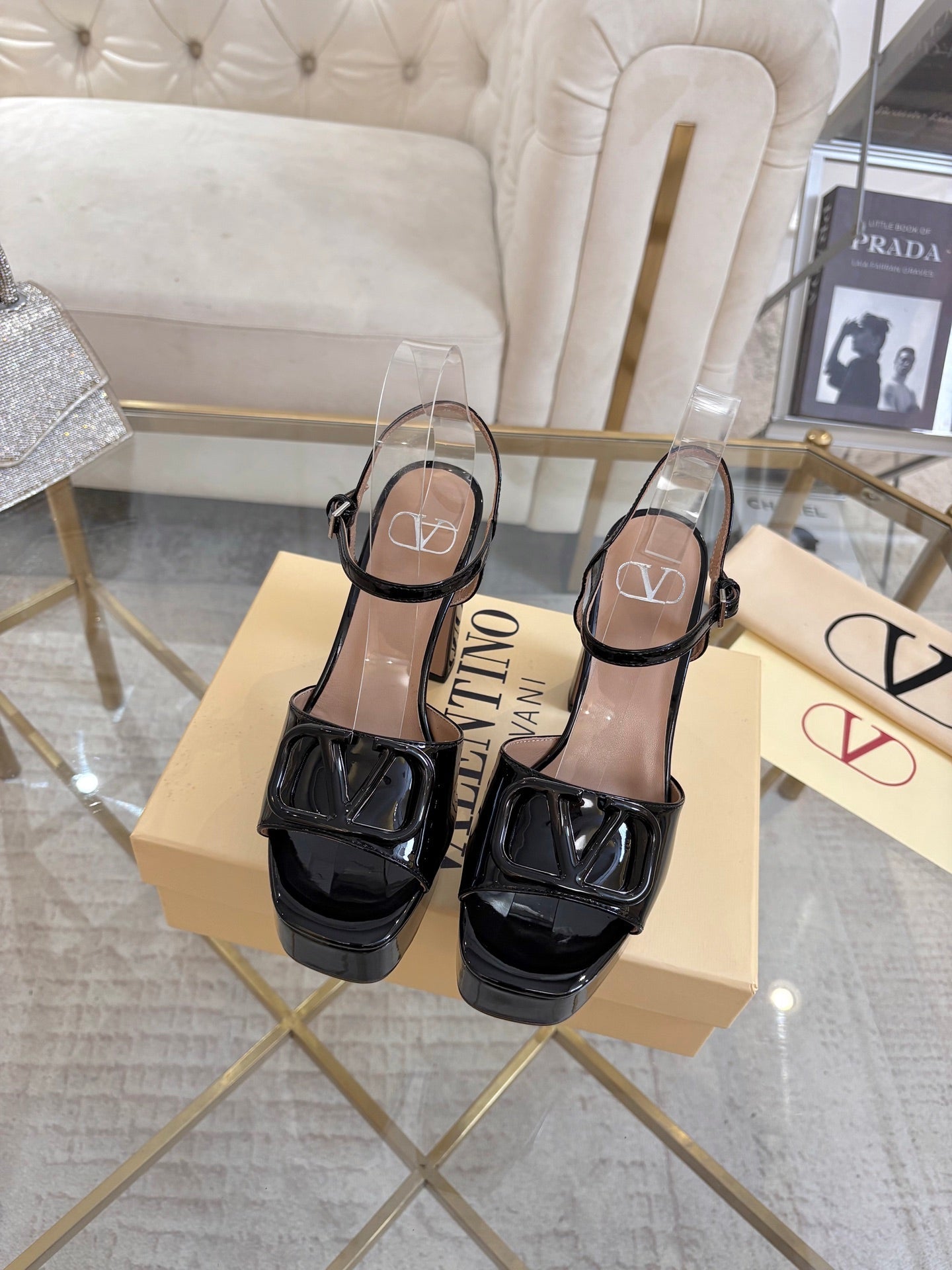 VALENTINO 26S PLATFORM SANDALS 110 MM IN BLACK GLOSSY CALFSKIN