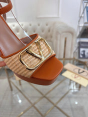 VALENTINO 26S PLATFORM SANDALS 110 MM IN BROWN CALFSKIN AND BEIGE RAFFIA
