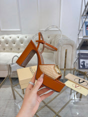 VALENTINO 26S PLATFORM SANDALS 110 MM IN BROWN CALFSKIN AND BEIGE RAFFIA