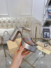 VALENTINO 26S PLATFORM SANDALS 110 MM IN SILVER CALFSKIN WITH GOLD HARDWARE