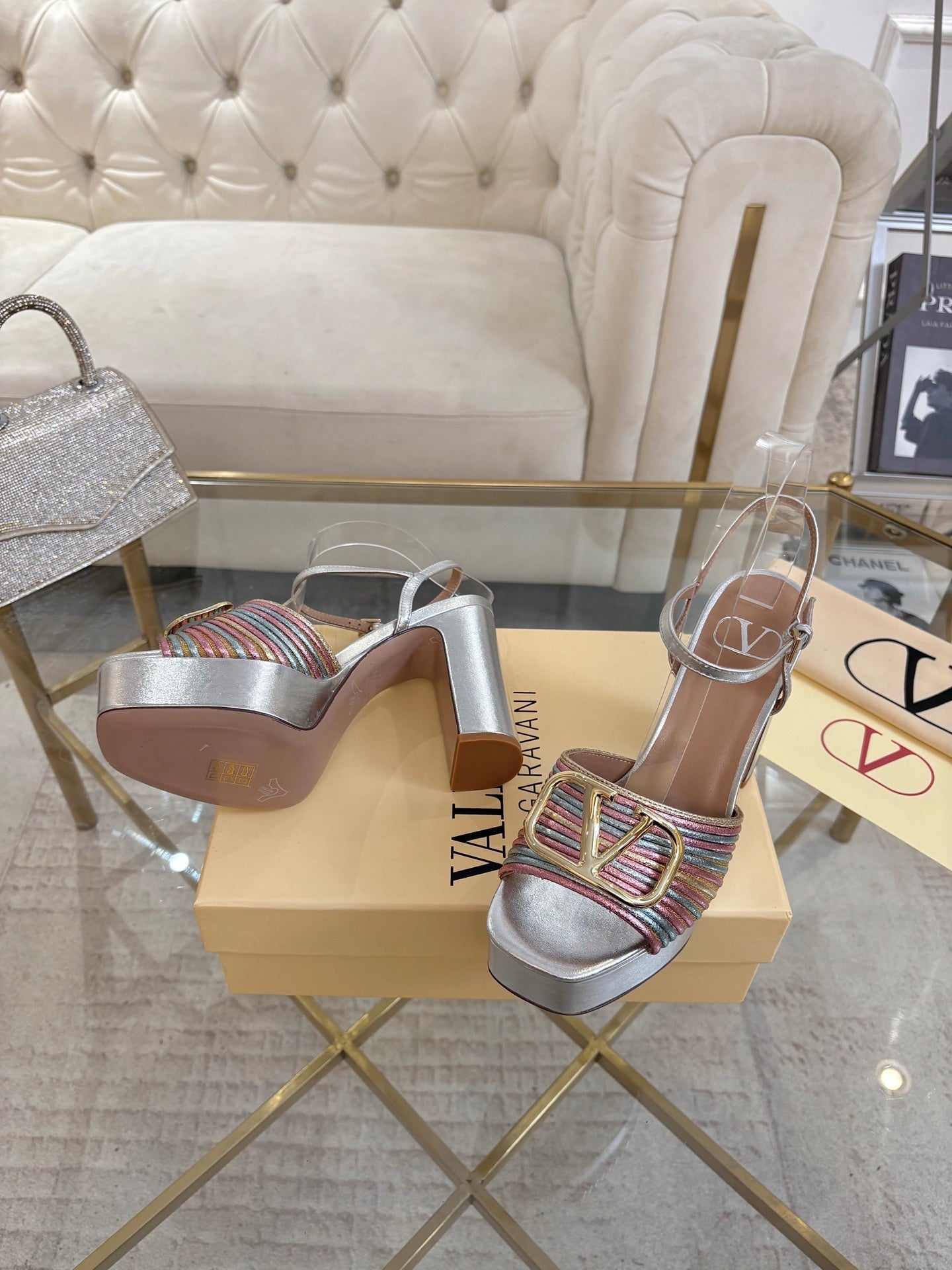 VALENTINO 26S PLATFORM SANDALS 110 MM IN SILVER CALFSKIN WITH GOLD HARDWARE