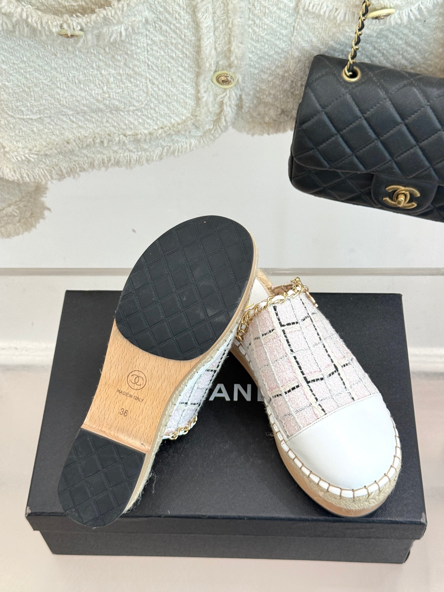 CC MULES 25SS 30 MM IN WHITE LAMBSKIN MIX PASTEL PINK TWEED