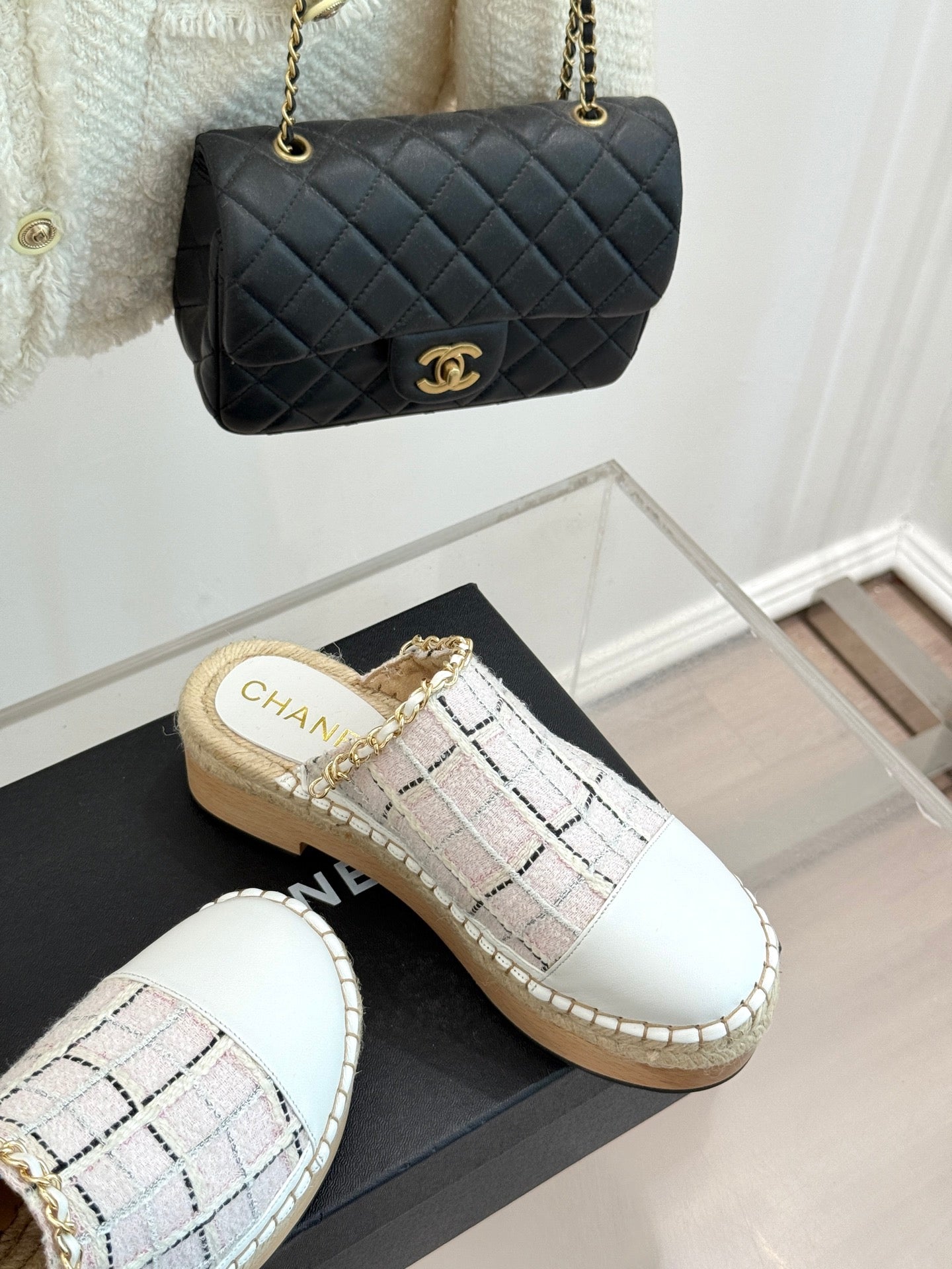 CC MULES 25SS 30 MM IN WHITE LAMBSKIN MIX PASTEL PINK TWEED