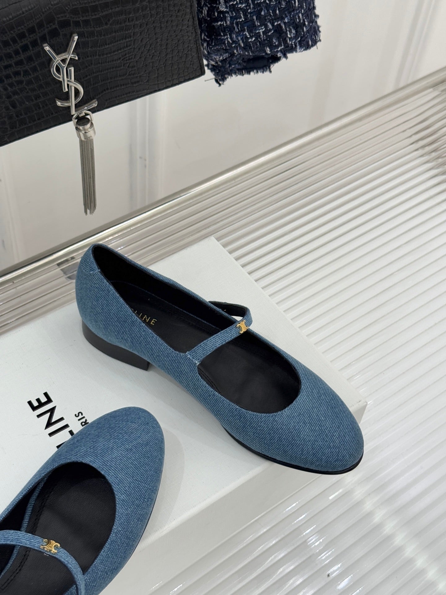CELINE 26S MARY JANE SHOES IN BLUE DENIM