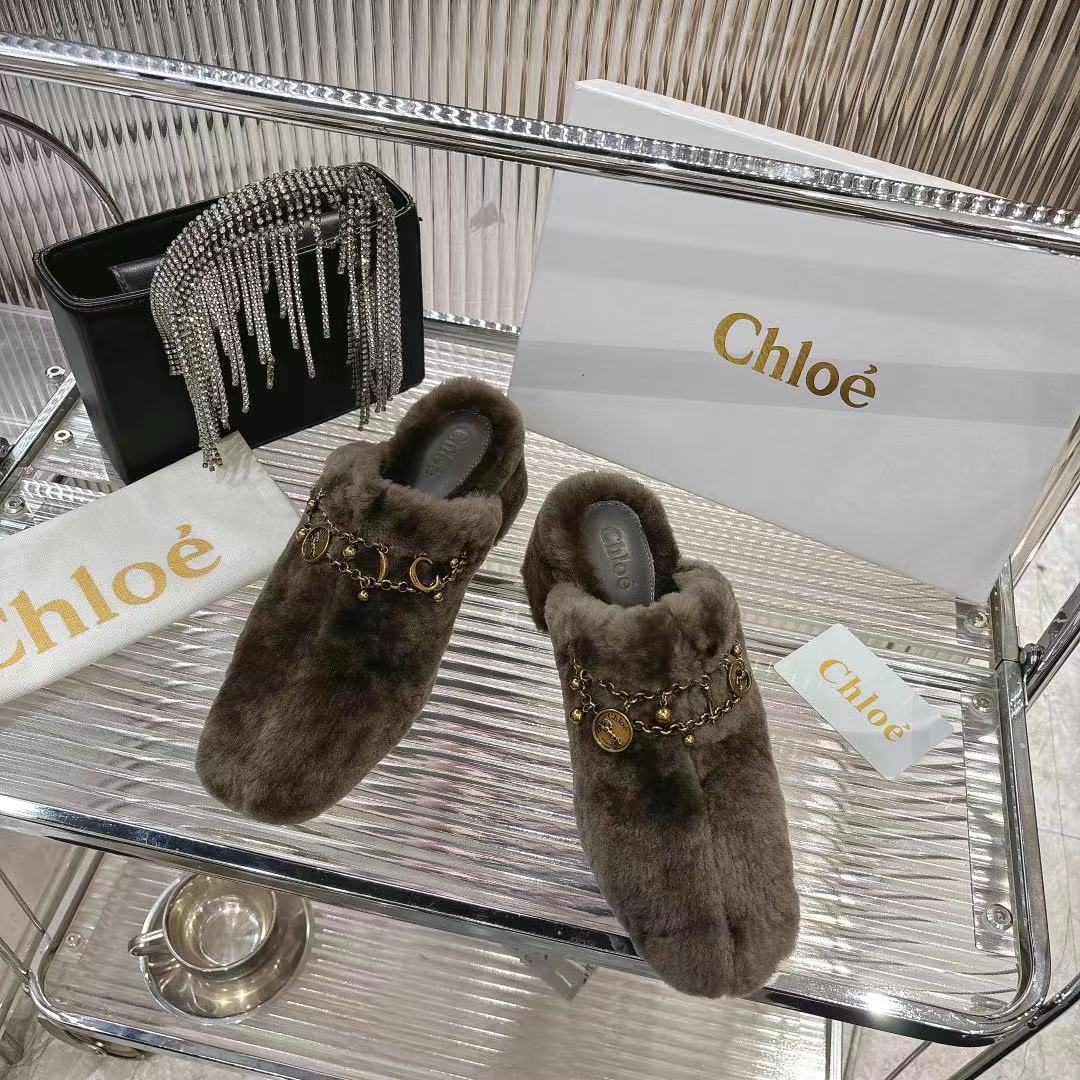 CHLOÉ 26S HIGH-HEELED MULES IN SMOKY BROWN WOOL