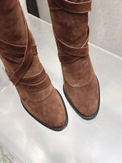 YSL 26S JANIS KNEE-HIGH BOOTS 90 MM IN BROWN SUEDE