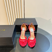 ALAIA HIGH FISHNET PUMPS WITH STUDS IN CHERRY RED LYCRA MESH AND LAMBSKIN