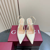 POINTED-TOE HIGH BAMBOO-EFFECT HEEL SLINGBACK IN CREAM PATENT CALFSKIN