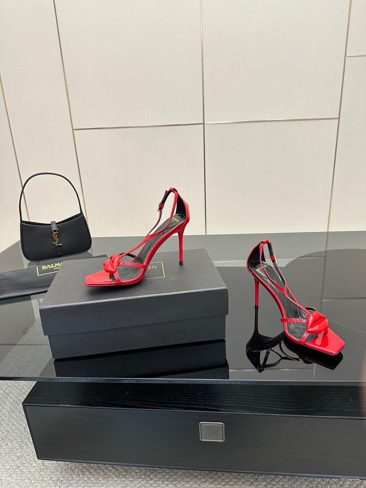 BALMAIN 25S LIPS SANDALS 10 IN CRIMSON RED CALFSKIN