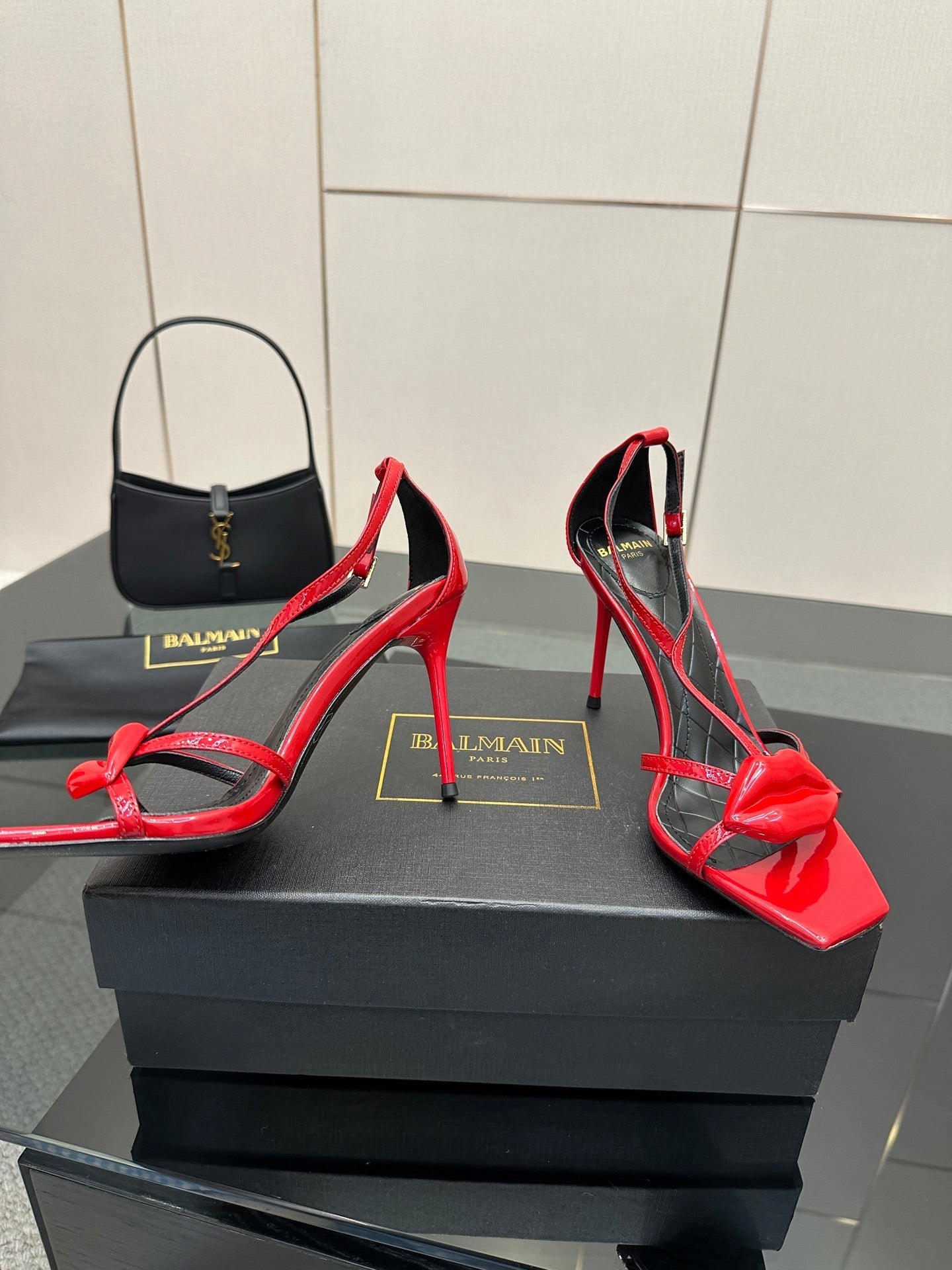 BALMAIN 25S LIPS SANDALS 10 IN CRIMSON RED CALFSKIN